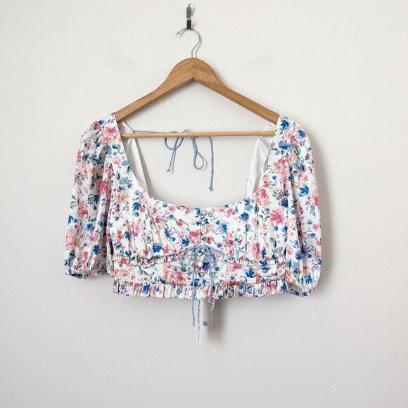 NWT For Love and Lemons white blue pink floral Juliet skirt crop top set M/L - Picture 3 of 10